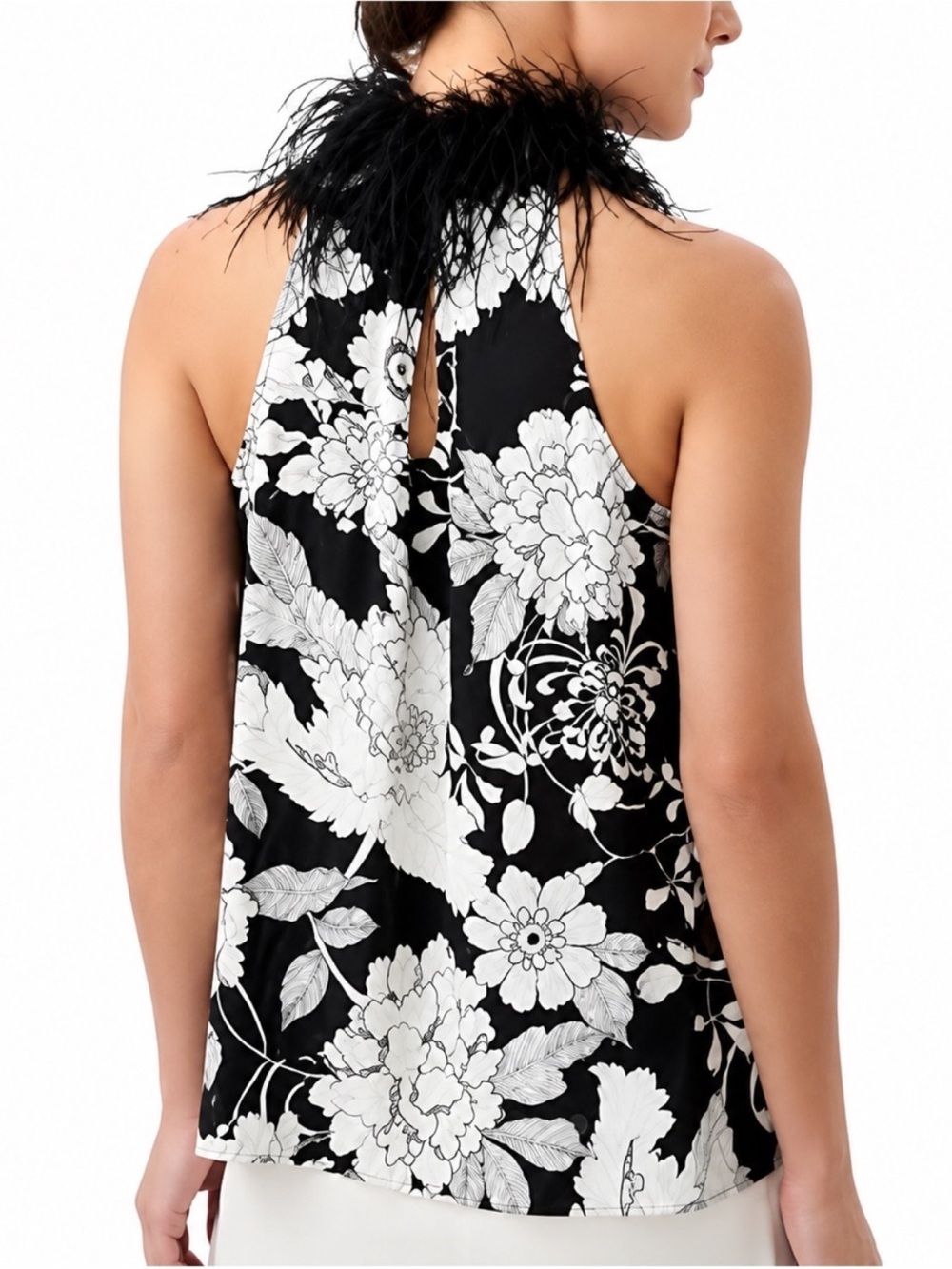 Trina Turk Grand Ostrich Feather Trim Rayon Floral Halter Blouse Top NWT $228 - Picture 2 of 7